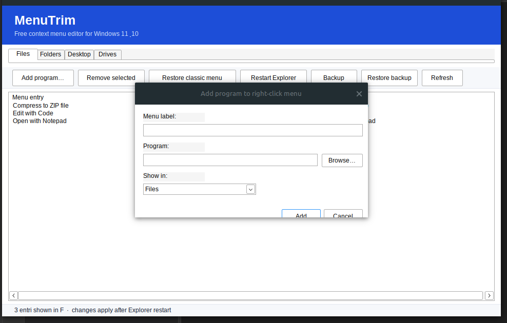 MenuTrim add-program dialog with fields for menu label, program path with a Browse button, and menu location