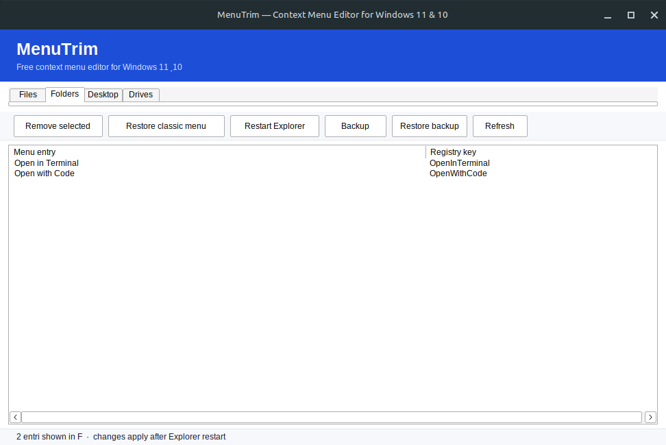 MenuTrim showing the Folders tab with the right-click menu entries for folders