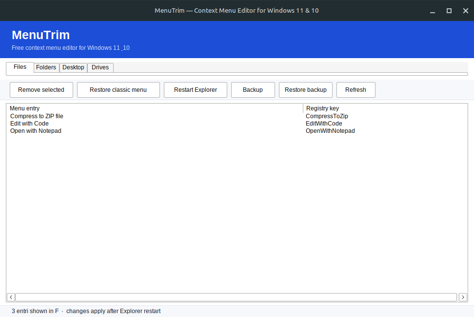 Screenshot of the MenuTrim context menu editor showing the Files tab with a list of right-click menu entries
