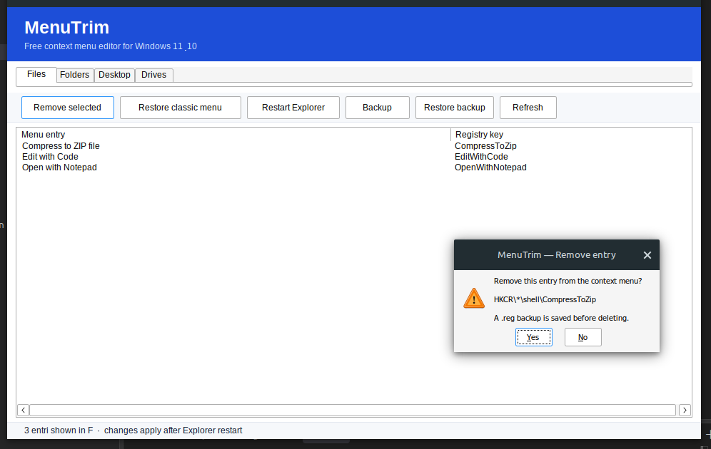 MenuTrim with a right-click menu entry selected and the remove confirmation dialog open, showing that a .reg backup is saved before deleting